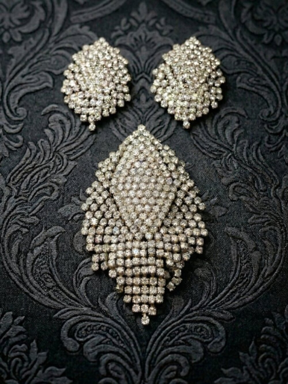 Tiered Rhinestone Waterfall Brooch & Earring Set